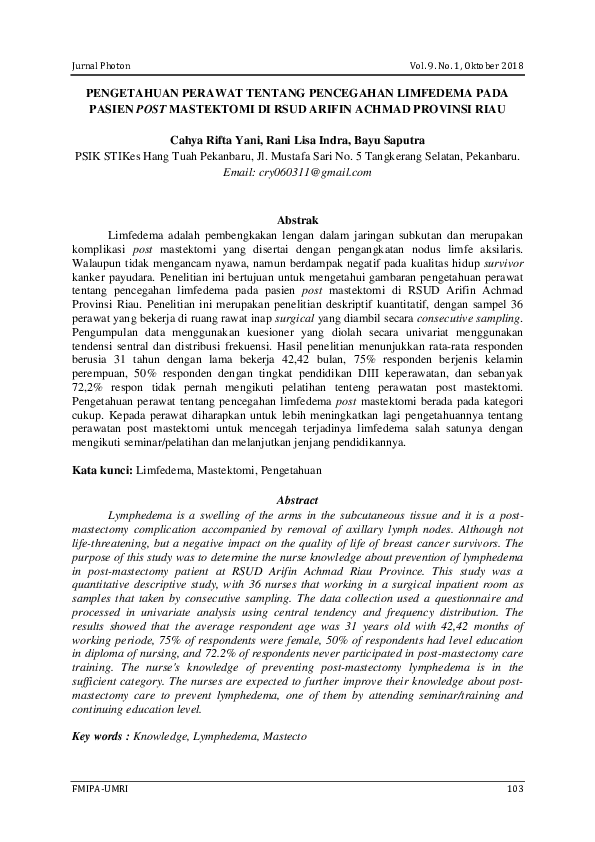 Pengetahuan Perawat Tentang Pencegahan Limfedema Pada Pasien Post Mastektomi DI Rsud Arifin Achmad Provinsi Riau