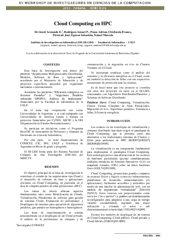 (PDF) Cloud computing en HPC