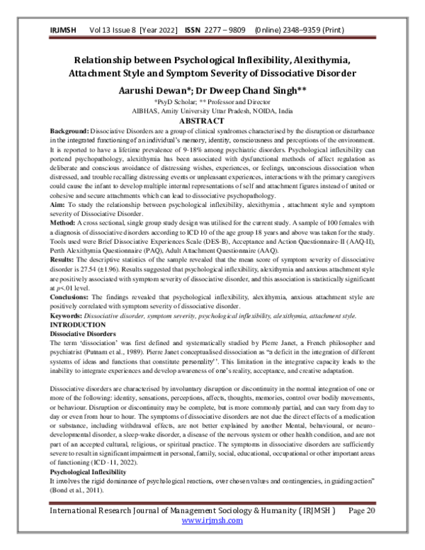 (PDF) Relationship between Psychological Inflexibility, Alexithymia ...