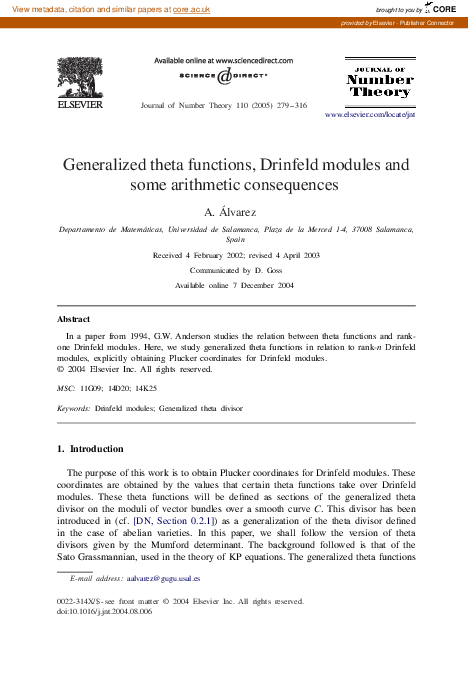 (PDF) Generalized theta functions, Drinfeld modules and some arithmetic ...