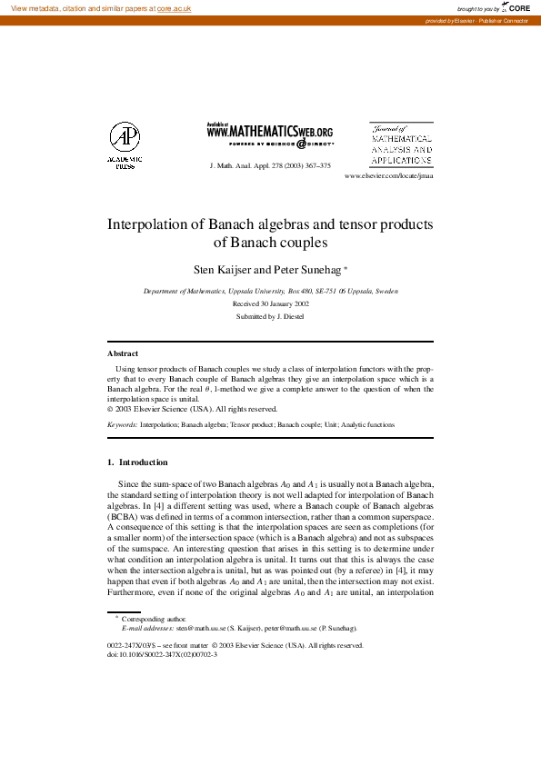 (PDF) Interpolation of Banach algebras and tensor products of Banach ...