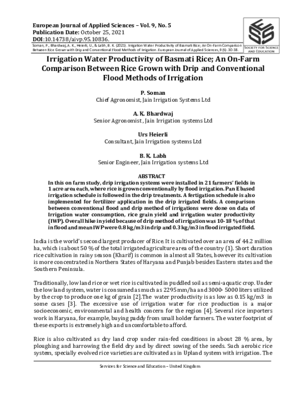 (PDF) Irrigation Water Productivity of Basmati Rice; An OnFarm