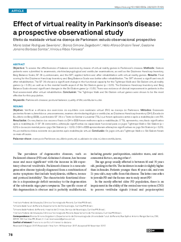 (PDF) Effect of virtual reality in Parkinson's disease: a prospective ...