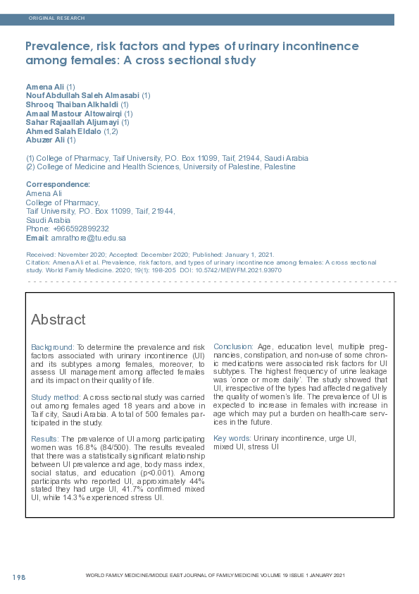 (PDF) Prevalence, risk factors and types of urinary incontinence among ...