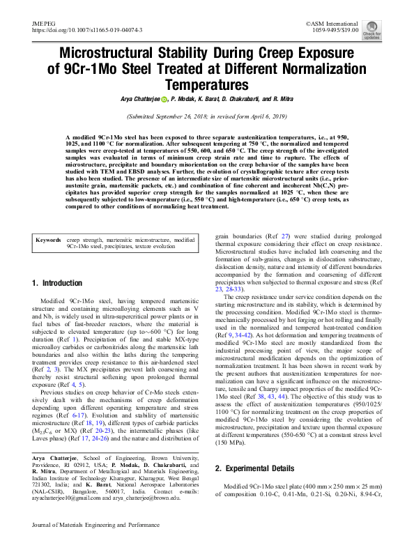 (PDF) Microstructural Stability During Creep Exposure of 9Cr-1Mo Steel ...