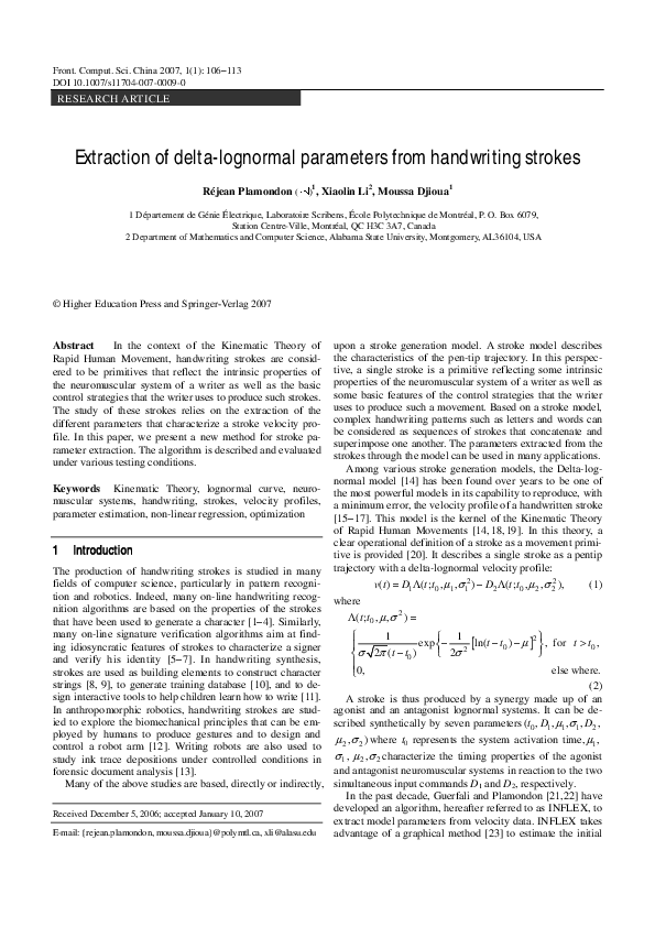(PDF) Extraction of delta-lognormal parameters from handwriting strokes