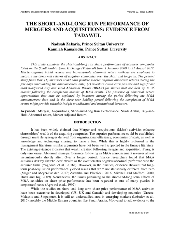 (PDF) The Short-and-long Run Performance of Mergers and Acquisitions ...