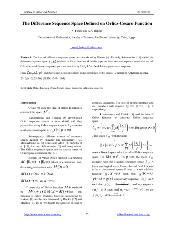 (PDF) The Difference Sequence Space Defined on Orlicz-Cesaro Function
