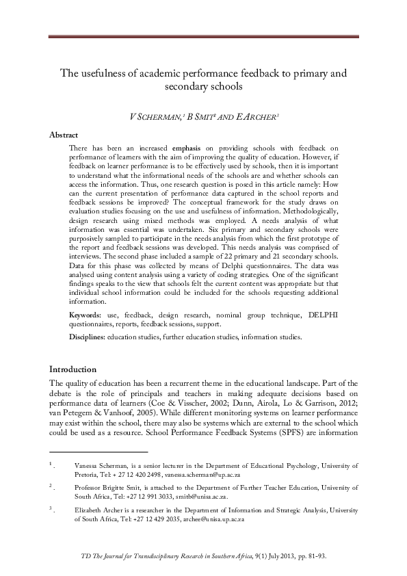 (PDF) The usefulness of academic performance feedback to primary and ...