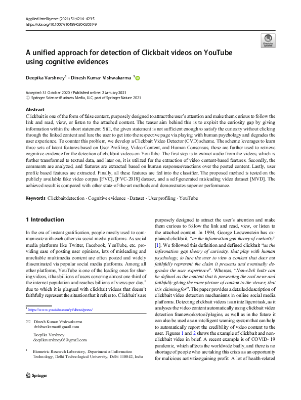 (PDF) A unified approach for detection of Clickbait videos on YouTube ...
