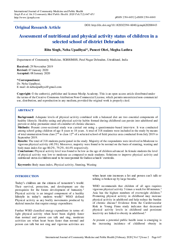 (PDF) Assessment of nutritional and physical activity status of ...