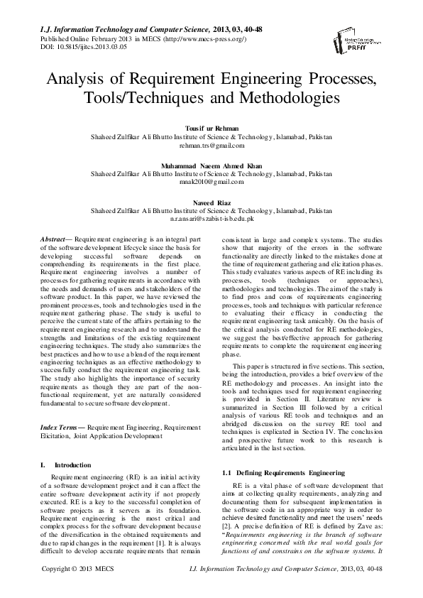 (PDF) Analysis of Requirement Engineering Processes, Tools/Techniques ...