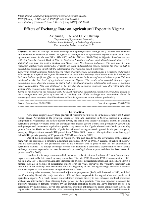 (PDF) Effects of Exchange Rate on Agricultural Export in Nigeria