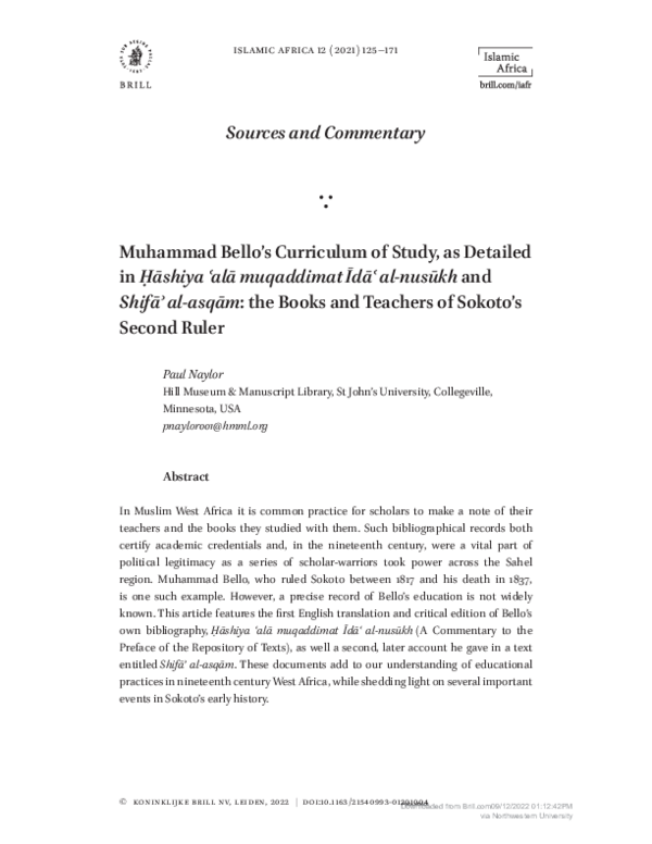 (PDF) Muhammad Bello’s Curriculum of Study, as Detailed in Ḥāshiya ʿalā ...