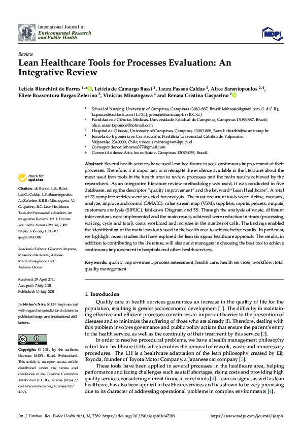 (PDF) Lean Healthcare Tools for Processes Evaluation: An Integrative Review