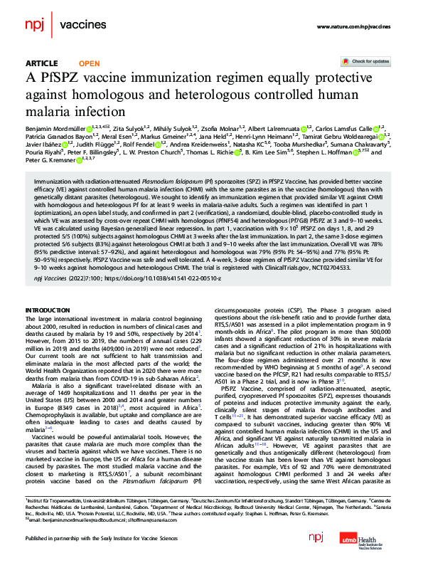 (PDF) A PfSPZ vaccine immunization regimen equally protective against ...