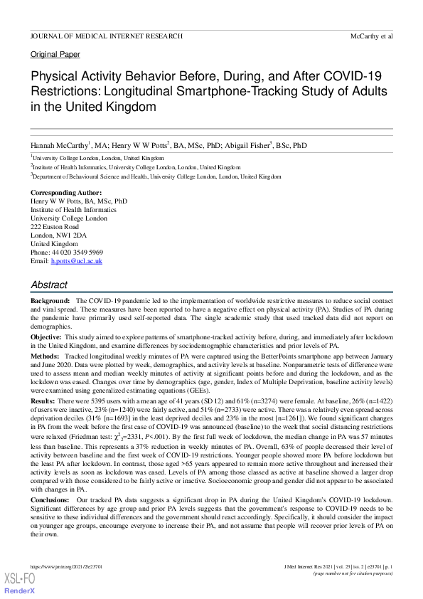 (PDF) Physical Activity Behaviour Before, During and After COVID-19 ...