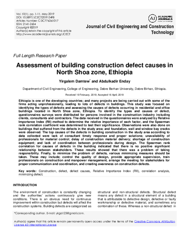 (PDF) Assessment of building construction defect causes in North Shoa ...