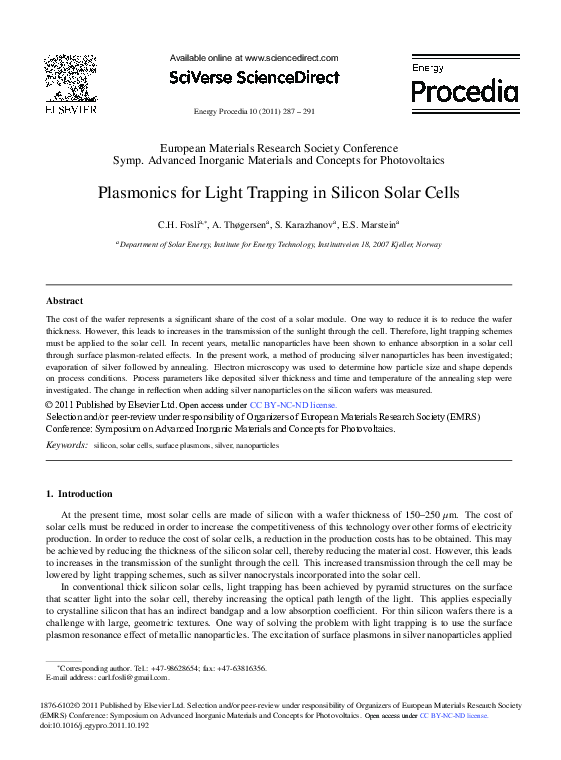 (PDF) Plasmonics for Light Trapping in Silicon Solar Cells