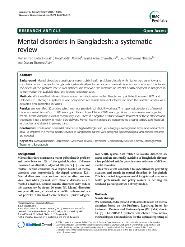 (PDF) Mental disorders in Bangladesh a systematic review Didar