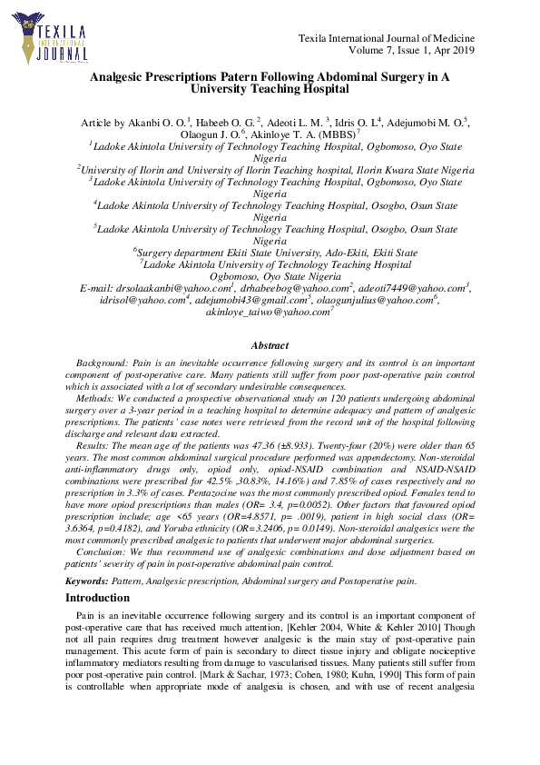 (PDF) Analgesic Prescriptions Patern Following Abdominal Surgery in A ...