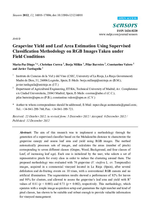 (PDF) Grapevine Yield and Leaf Area Estimation Using Supervised ...