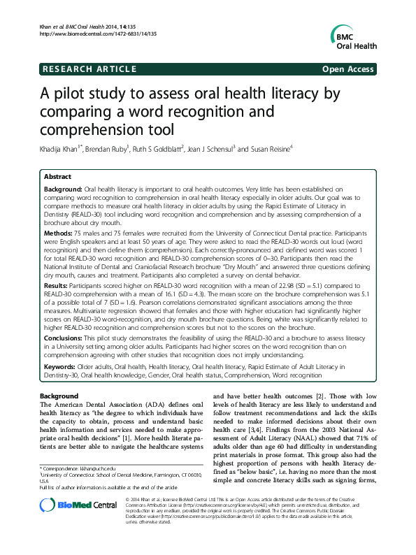 (PDF) A pilot study to assess oral health literacy by comparing a word ...