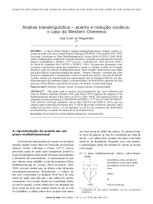 (PDF) Análise translinguística – acento e redução vocálica: o caso do ...