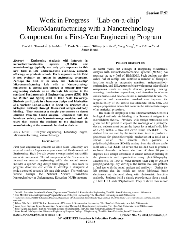 (PDF) Work in progress - 'lab-on-a-chip' micromanufacturing with a ...