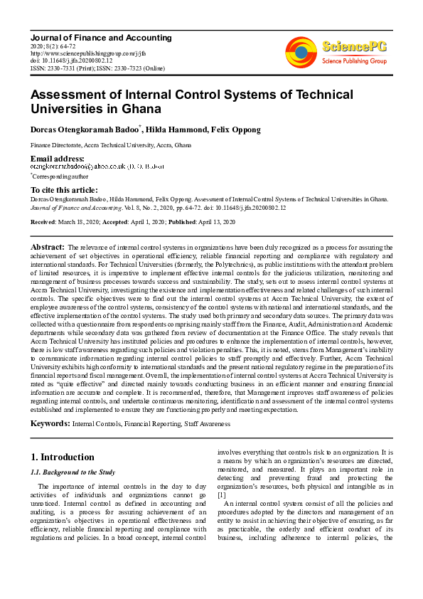 (PDF) Assessment of Internal Control Systems of Technical Universities ...