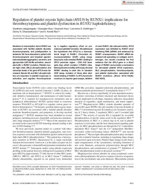 (PDF) Regulation of platelet myosin light chain (MYL9) by RUNX1 ...