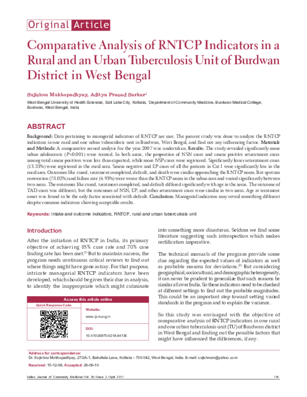 (PDF) Comparative analysis of RNTCP indicators in a rural and an urban ...