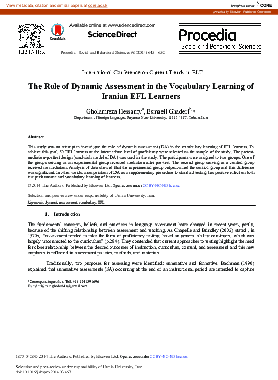 (PDF) The Role of Dynamic Assessment in the Vocabulary Learning of ...