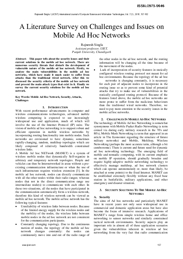 (PDF) A Literature Survey on Challenges and Issues on Mobile Ad Hoc ...
