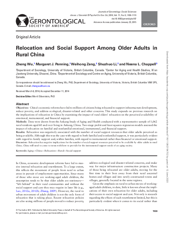 (PDF) Relocation and Social Support Among Older Adults in Rural China