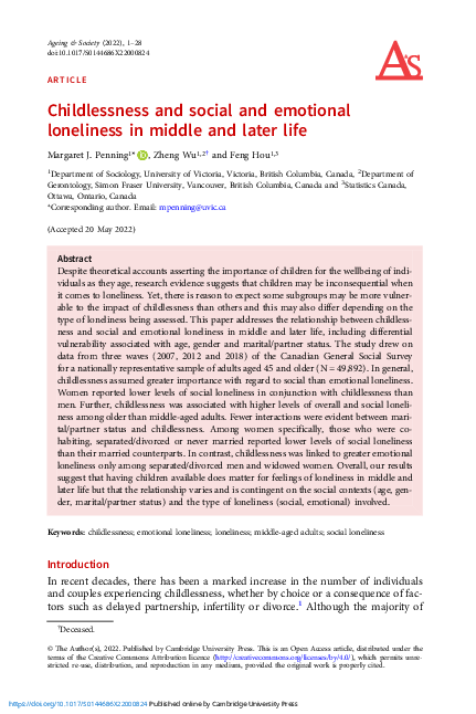 (PDF) Childlessness and social and emotional loneliness in middle and ...