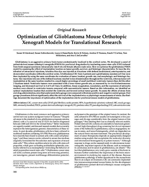 (PDF) Optimization of Glioblastoma Mouse Orthotopic Xenograft Models ...