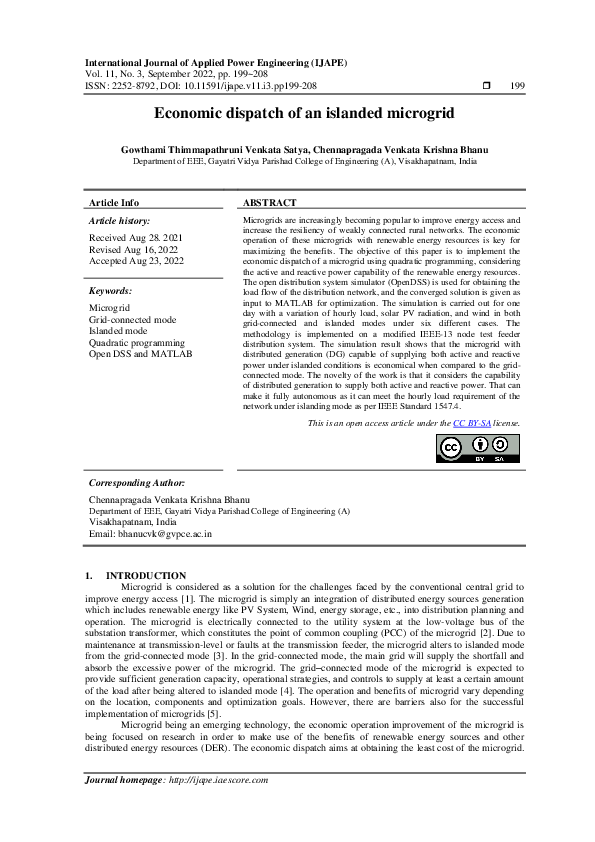 (PDF) Economic dispatch of an islanded microgrid