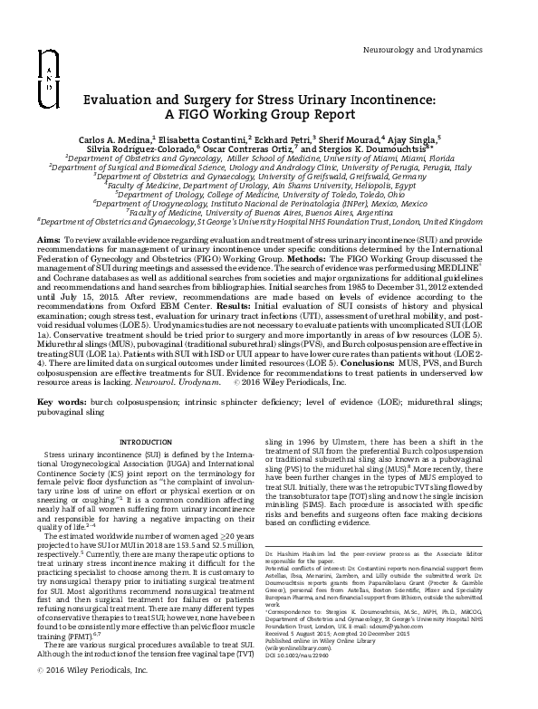 (PDF) Evaluation and surgery for stress urinary incontinence: A FIGO ...