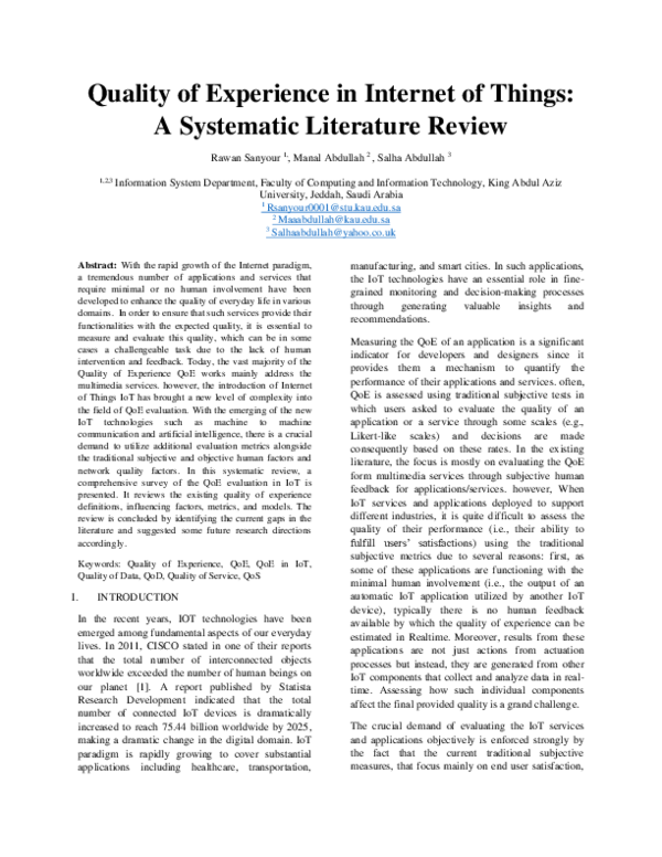 (PDF) Quality of Experience in Internet of Things: A Systematic ...