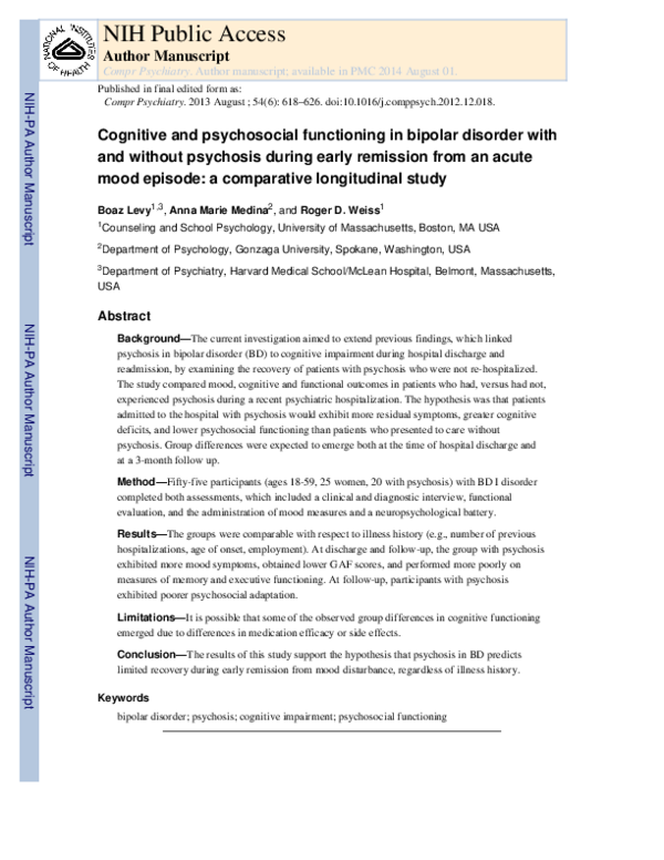 (PDF) Cognitive and psychosocial functioning in bipolar disorder with ...