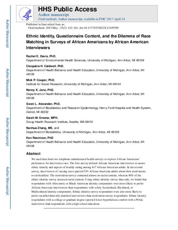 (PDF) Ethnic Identity, Questionnaire Content, and the Dilemma of Race ...