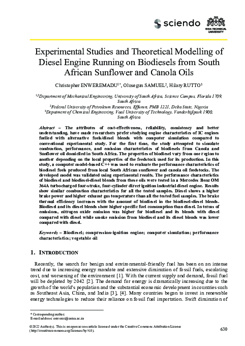 (PDF) Experimental Studies and Theoretical Modelling of Diesel Engine ...