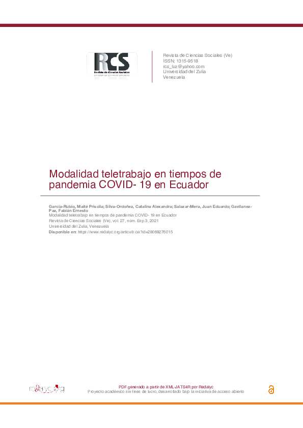 (PDF) Modalidad teletrabajo en tiempos de pandemia COVID- 19 en Ecuador
