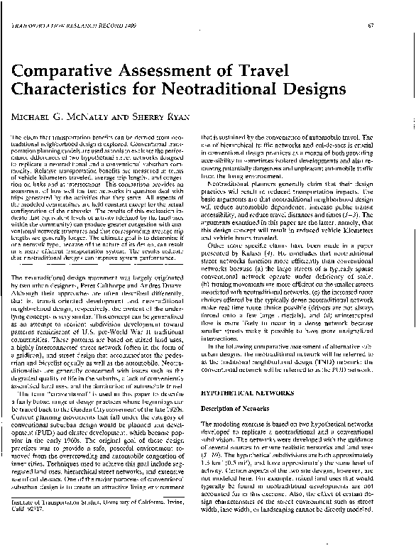Comparative assessment of travel characteristics for neotraditional designs