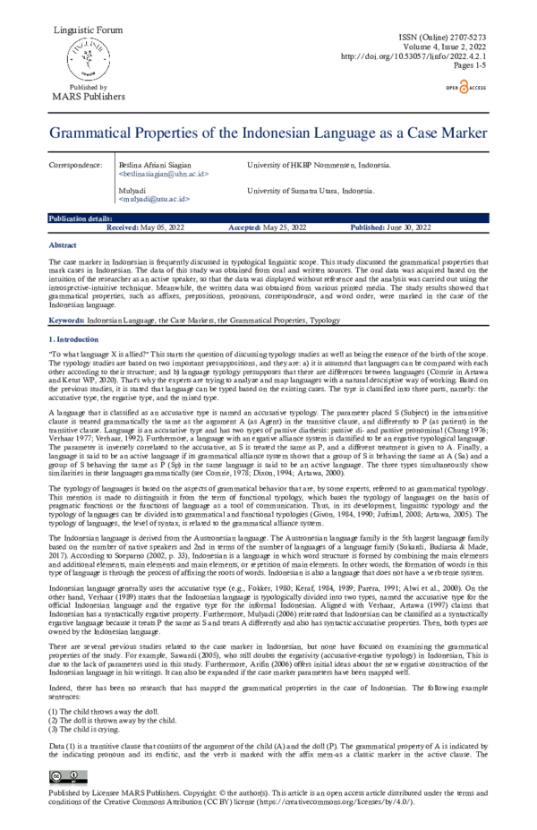 (PDF) Grammatical Properties of the Indonesian Language as a Case