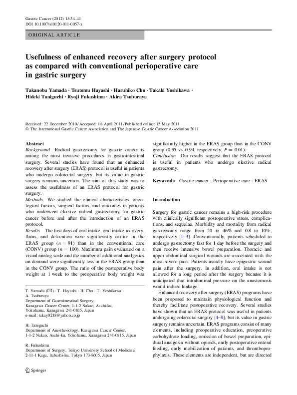 (PDF) Usefulness of enhanced recovery after surgery protocol as ...