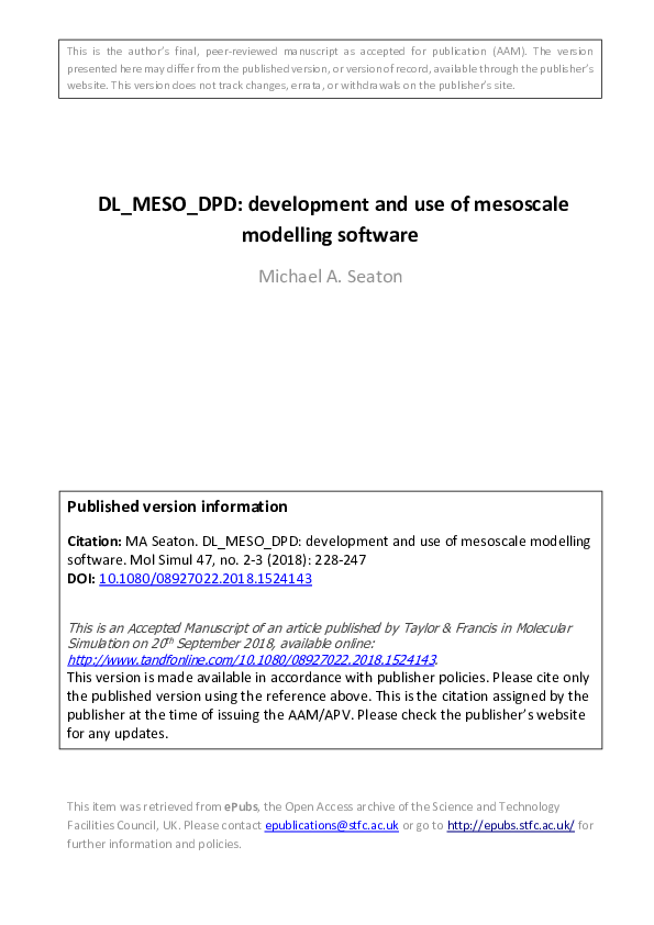 (PDF) DL_MESO_DPD: development and use of mesoscale modelling software