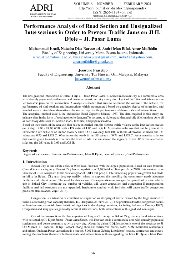 (PDF) Performance Analysis of Road Section and Unsignalized ...