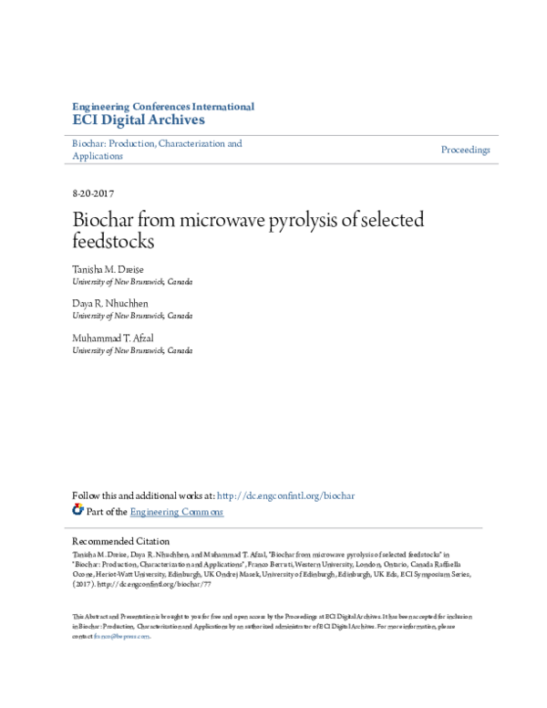 (PDF) Biochar from microwave pyrolysis of selected feedstocks